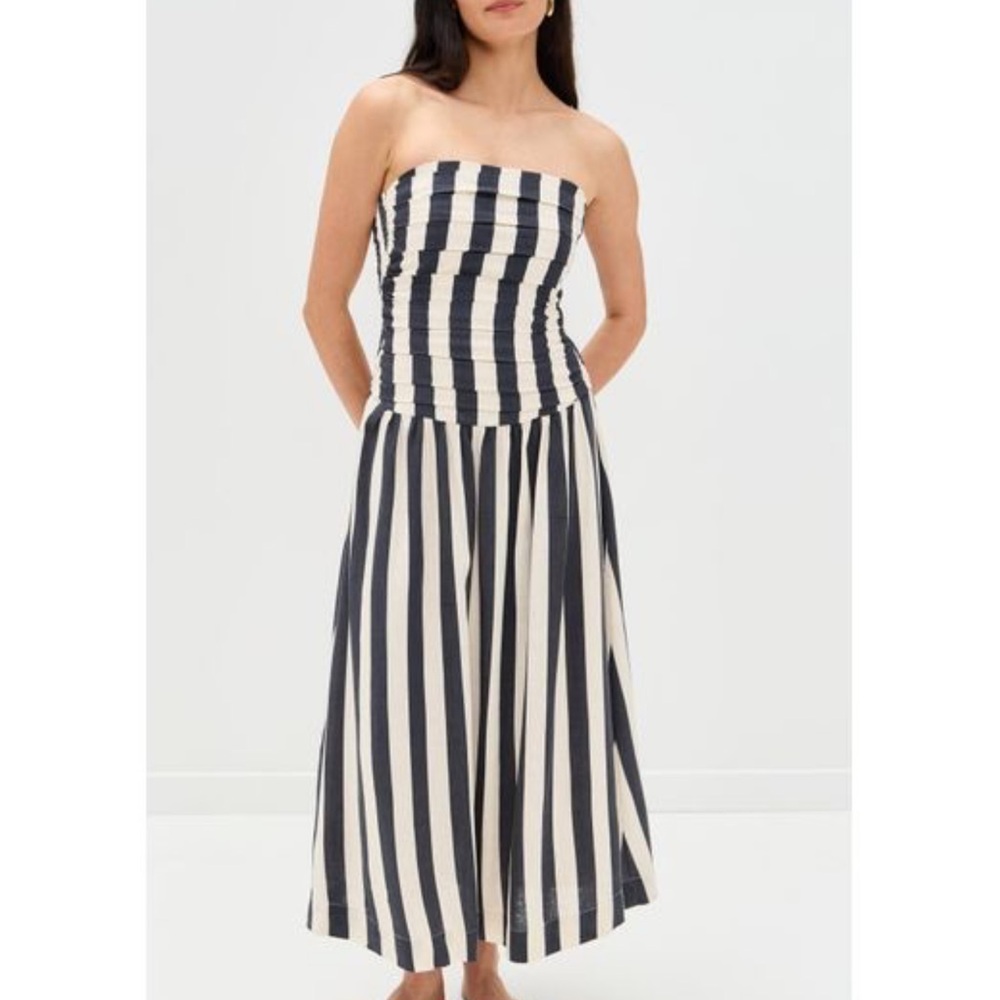 Striped Strapless Midi Dress in Black & Cream